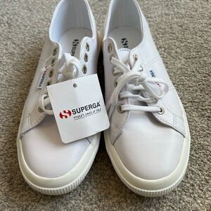 Superga White Canvas Sneakers Optical White Nappa Leather 8.5 or 39.5